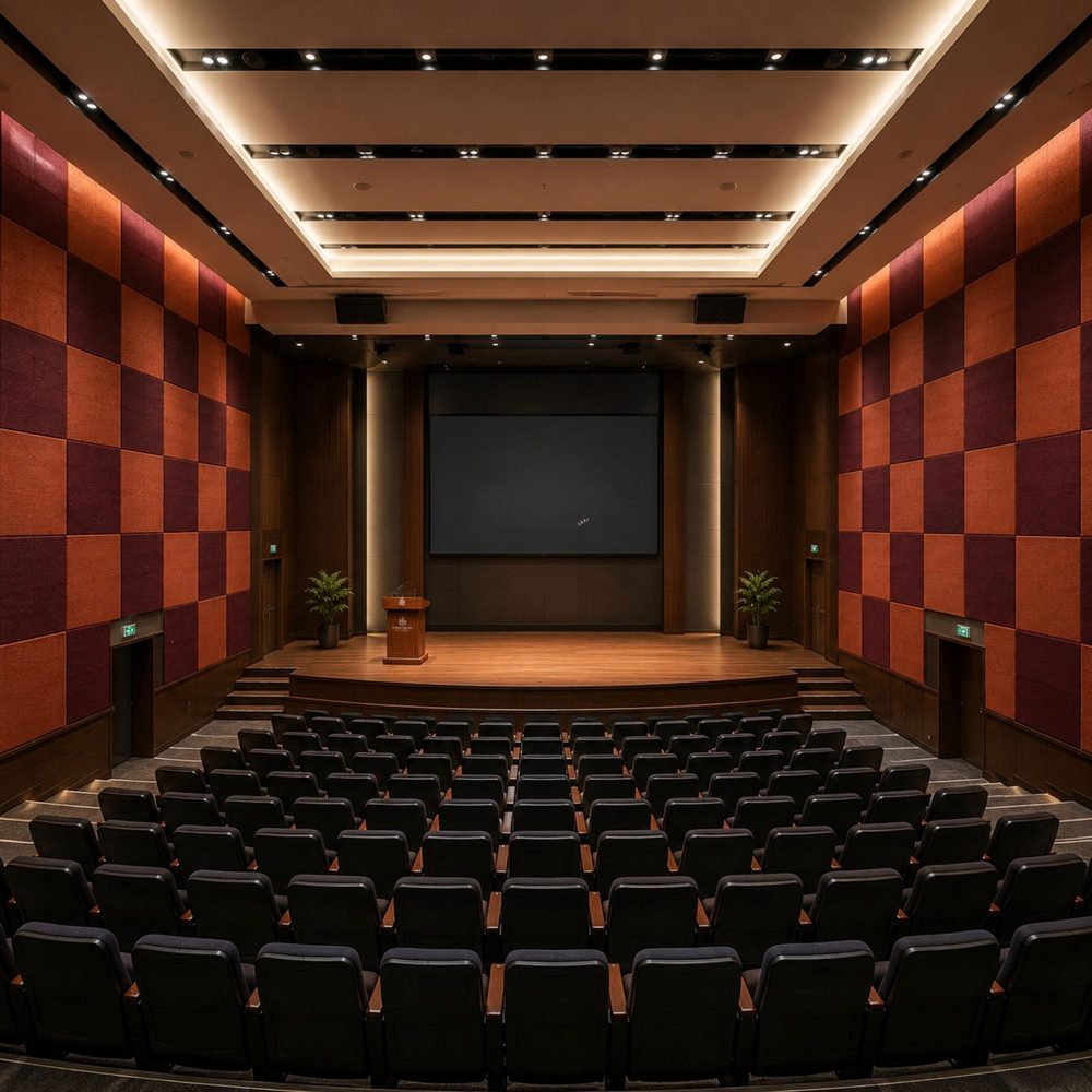 Auditorium walls treated with acoustic panels to control echo