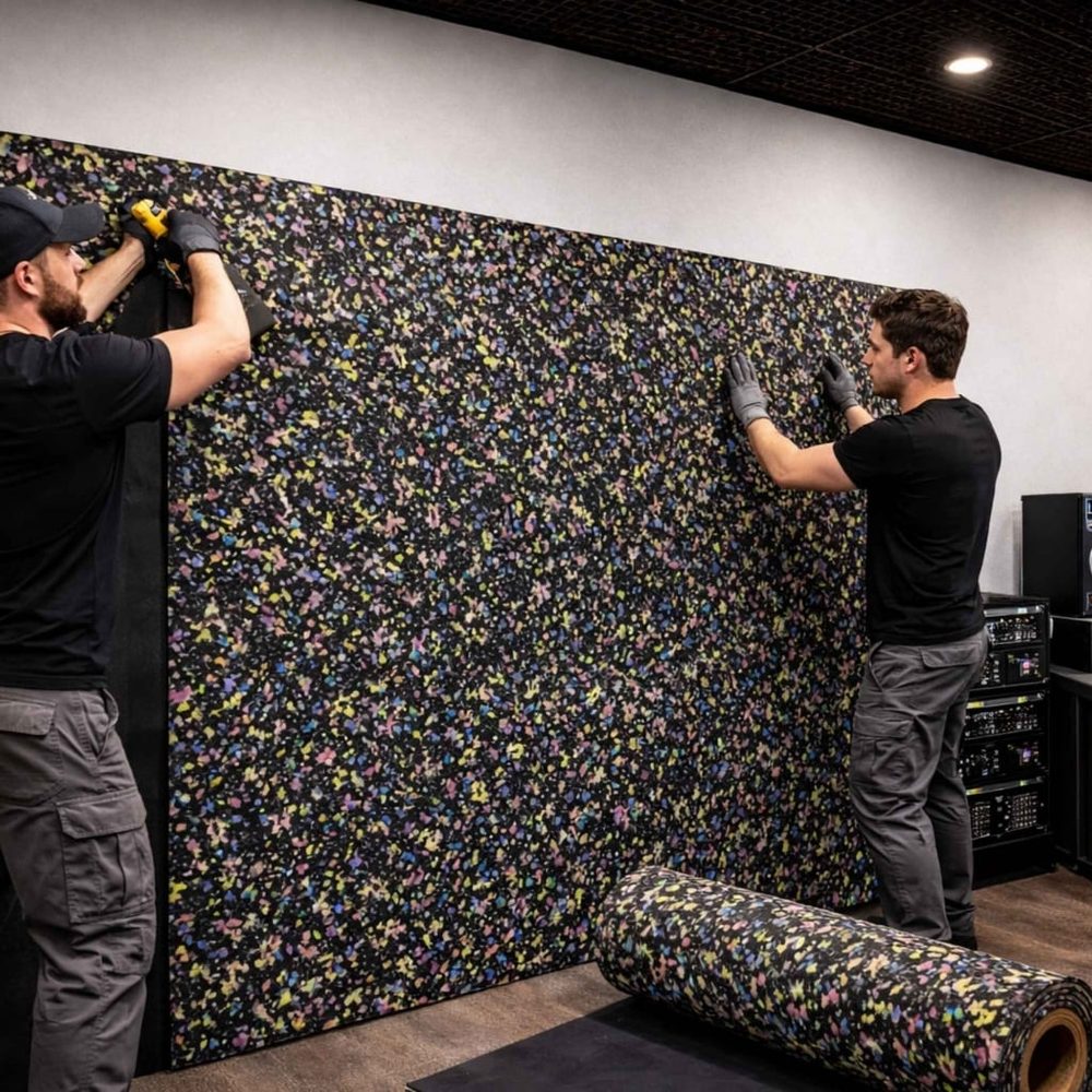 Installers fixing BassBloc low-frequency absorber to a studio wall