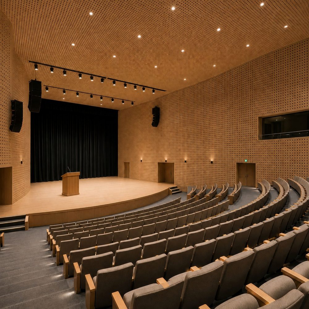 Auditorium finished in timber acoustic panels