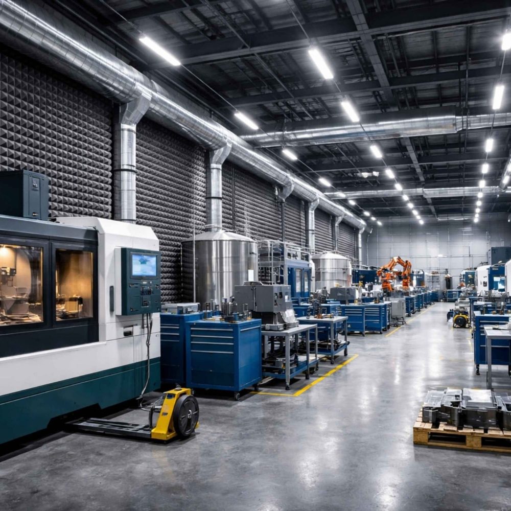 Factory floor with acoustic treatment around machinery