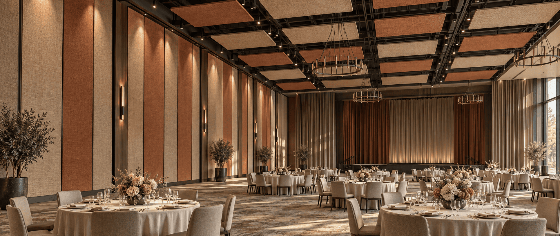 Fabric wrapped acoustic panels lining the side wall of a large banquet hall