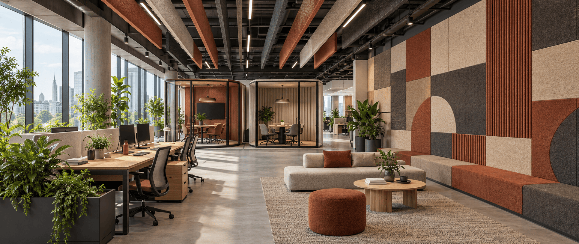 Coloured PET felt acoustic panels lining the wall and ceiling of an open plan office interior