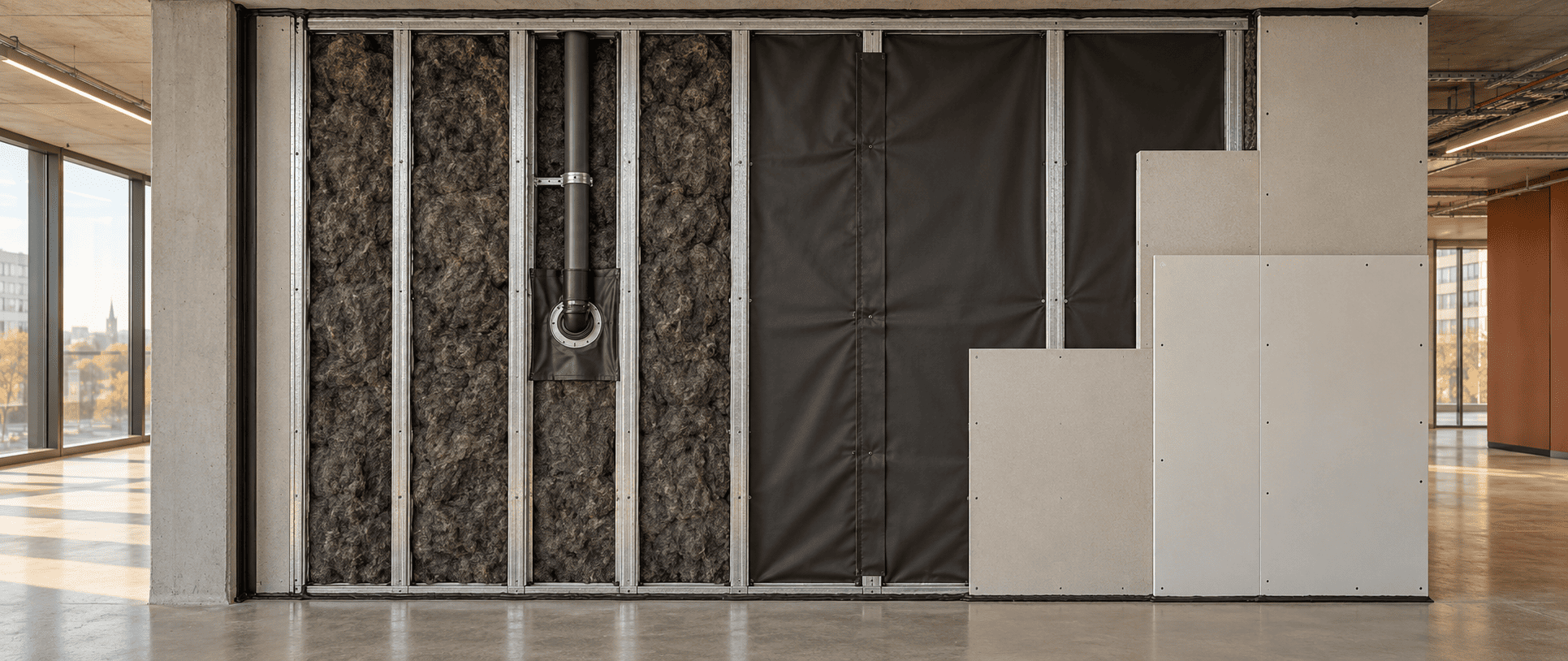 Partition under construction showing mass loaded vinyl layered behind double drywall on metal studs