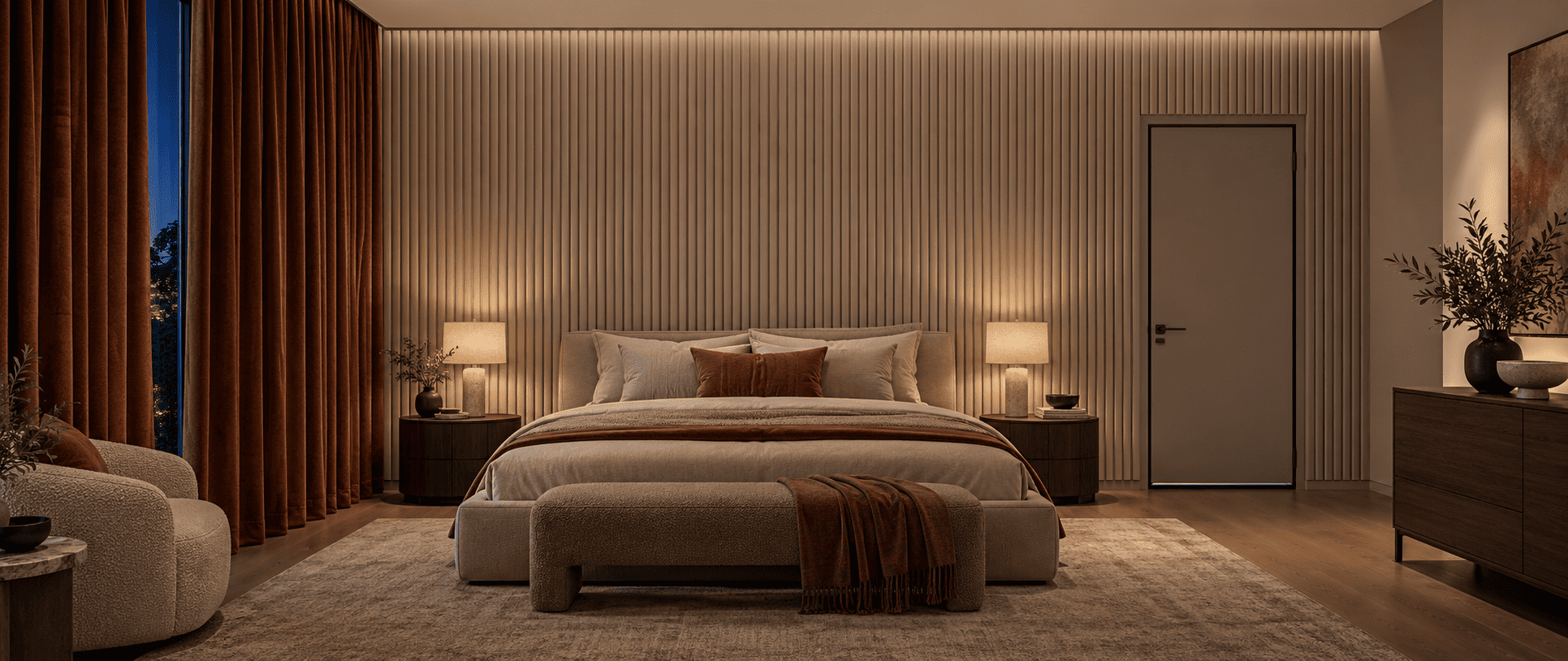 Bedroom wall lined with mass loaded vinyl behind gypsum, with felt panels and full length acoustic curtains