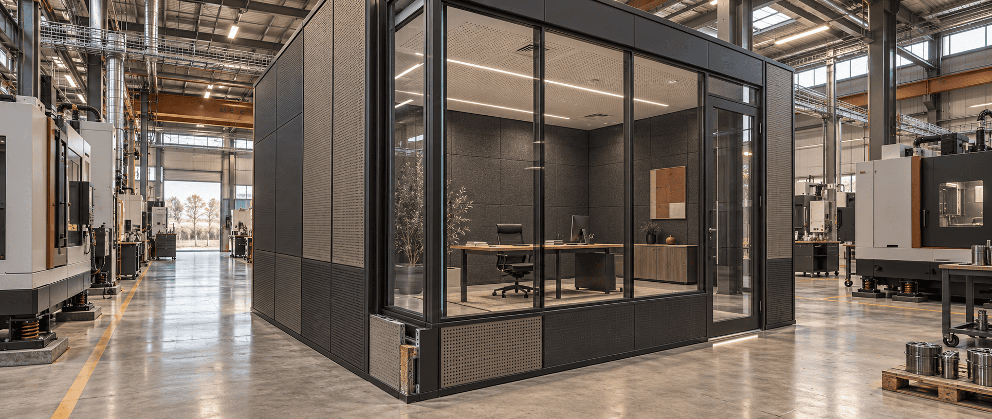 Glazed plant office partition facing a working machine shop, lined internally with felt acoustic panels