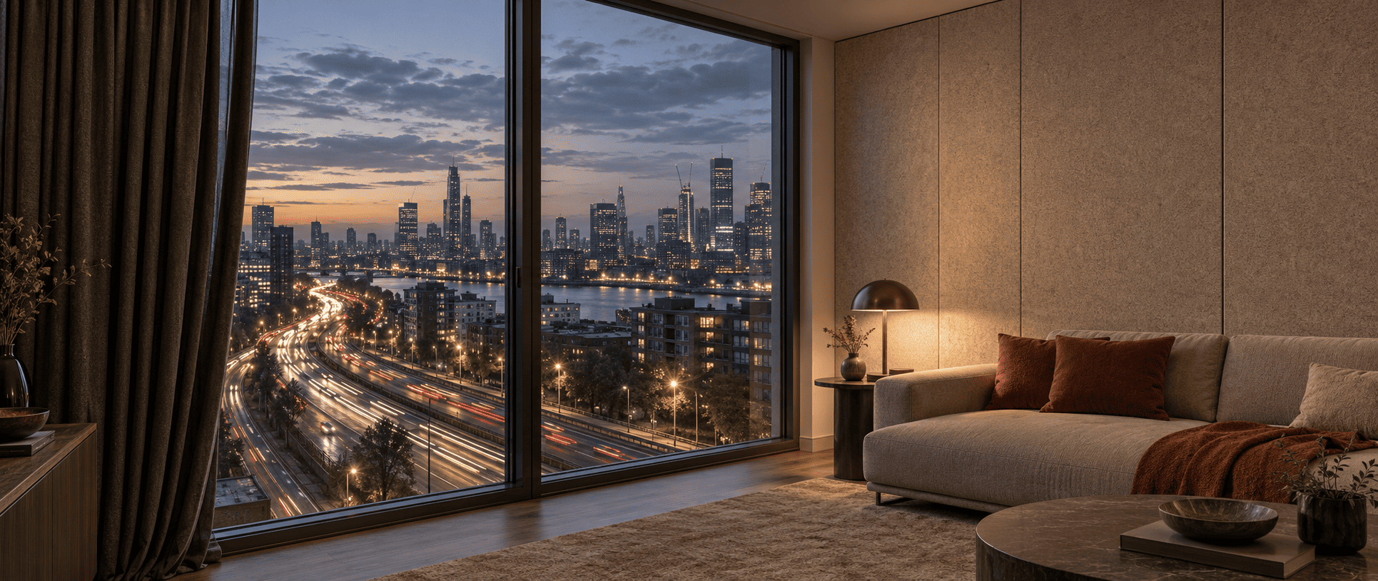 Living room window of a city apartment overlooking a busy multi-lane road at dusk
