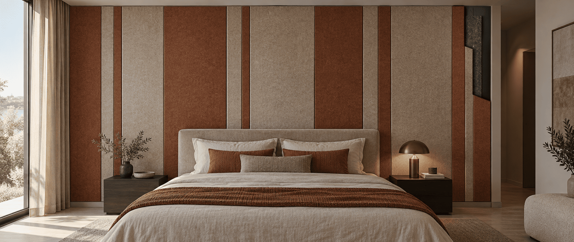 Bedroom in a modern apartment with a plain shared party wall behind the headboard