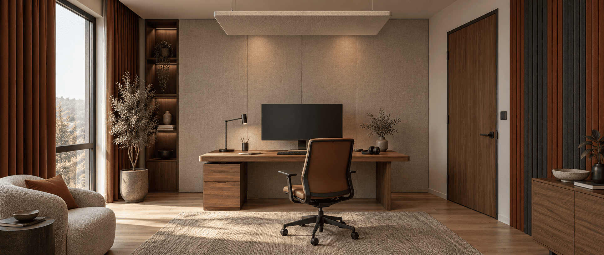 Home office set up for remote work with acoustic treatment on the wall behind the desk