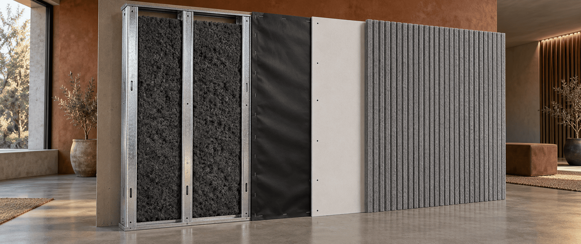 Wall build-up showing a dense membrane layer behind an absorbent acoustic panel finish