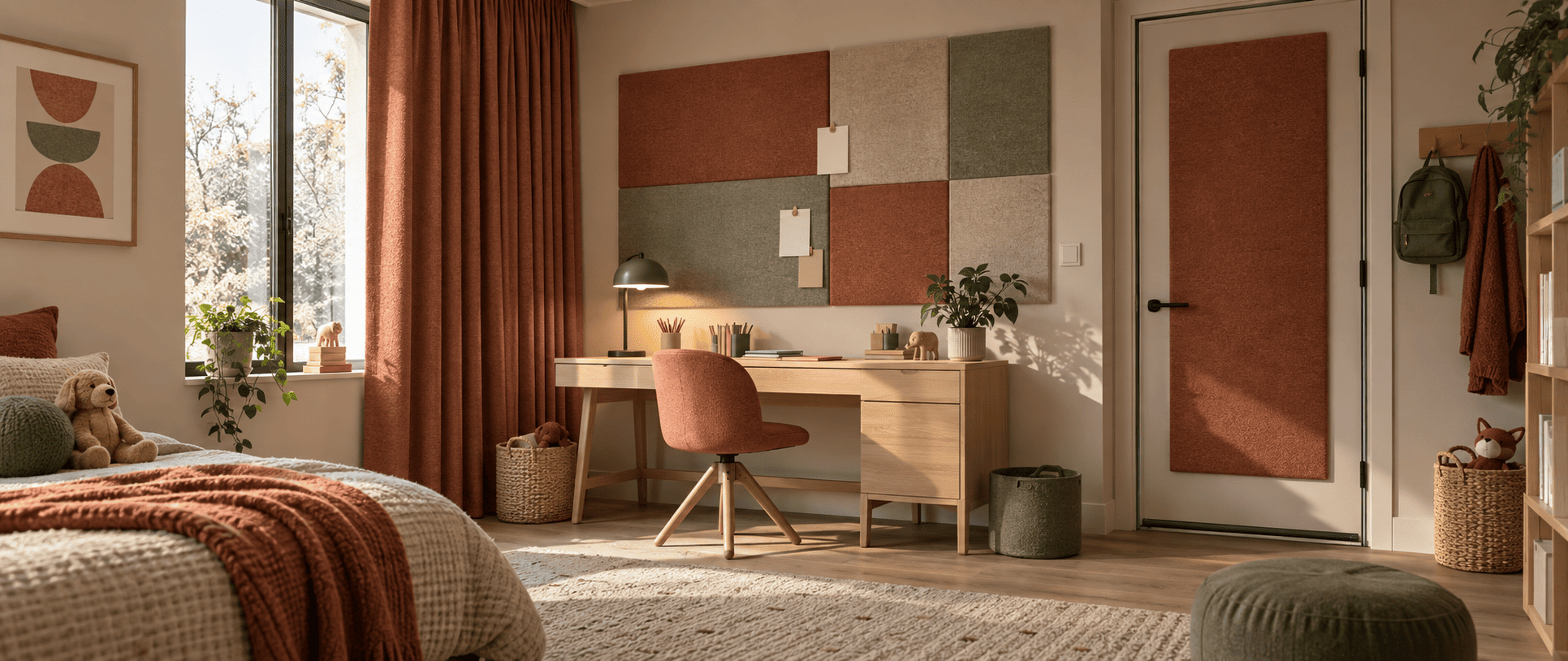 Child's study desk beside a curtained window with a felt panel board mounted above it