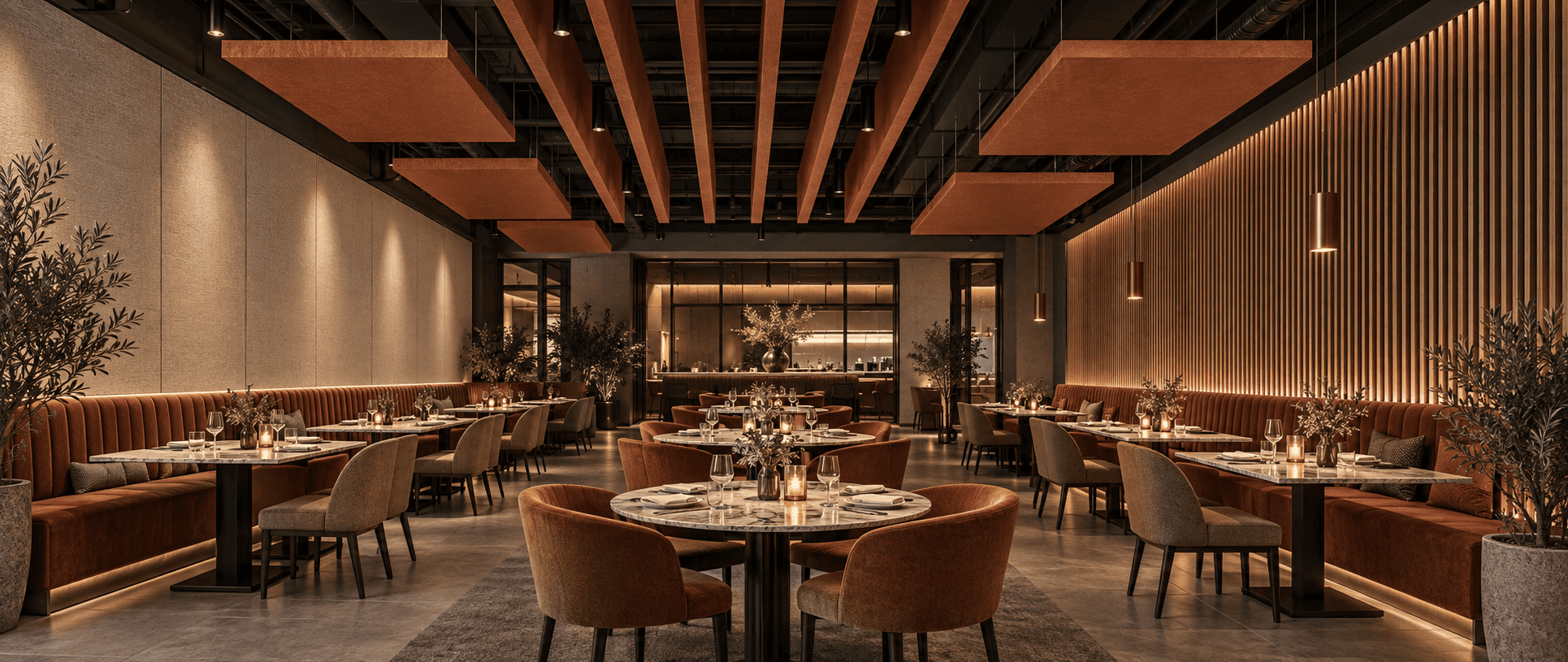 Busy restaurant dining room with hard glass and tile surfaces and an exposed services ceiling