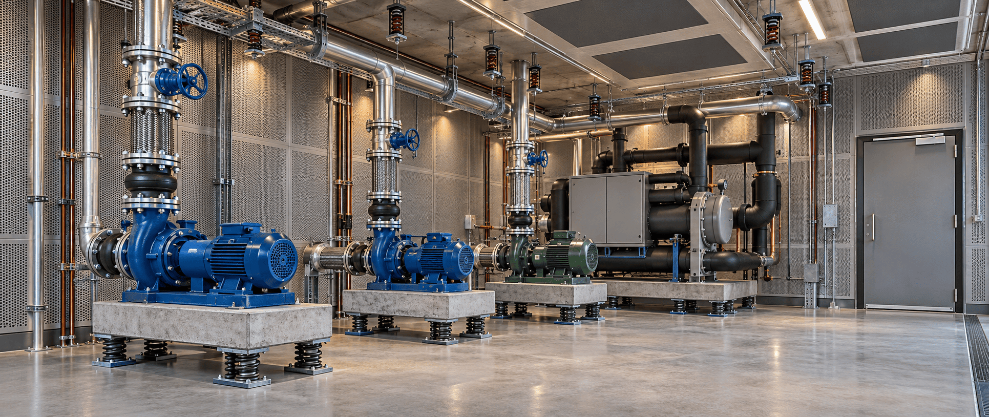 Building plant room with pumps and pipework mounted on isolated bases beside a lined machine room wall