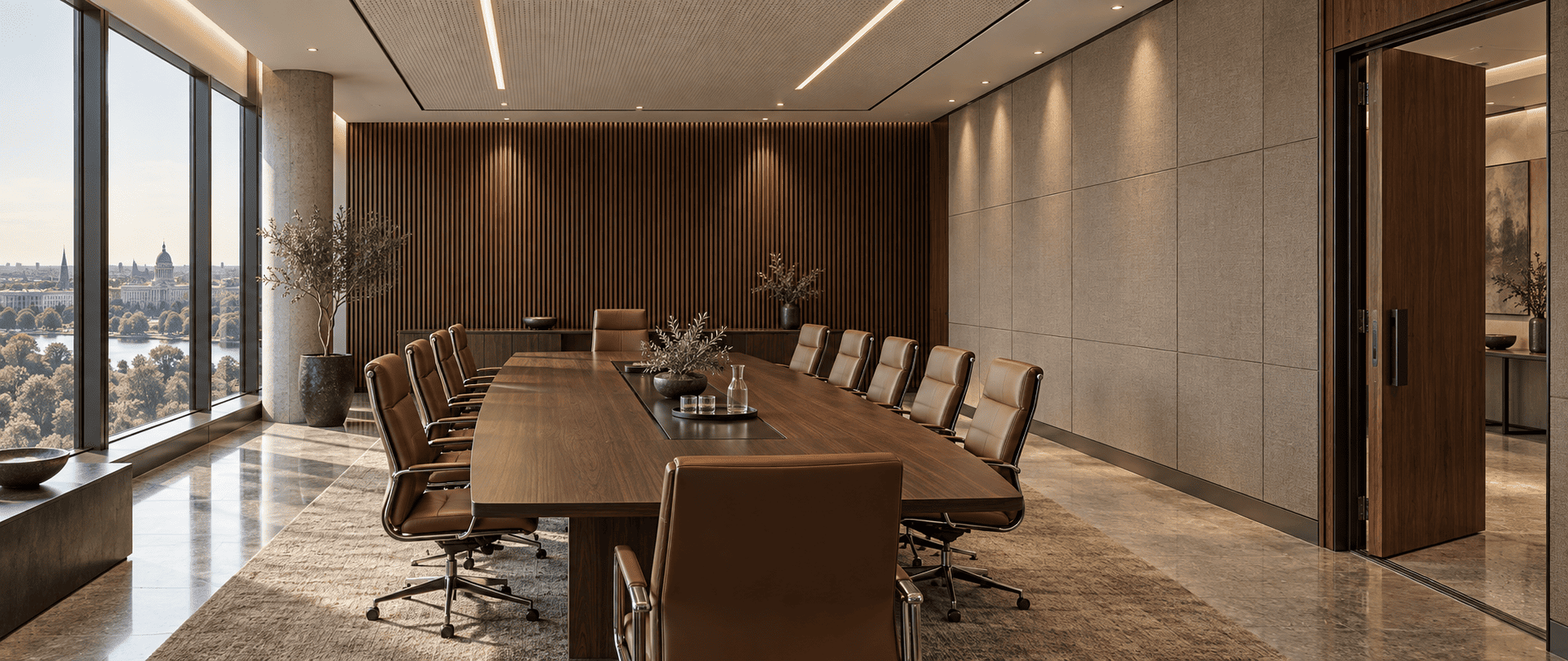 Boardroom wall finished in fabric wrapped acoustic panels with a sealed acoustic door