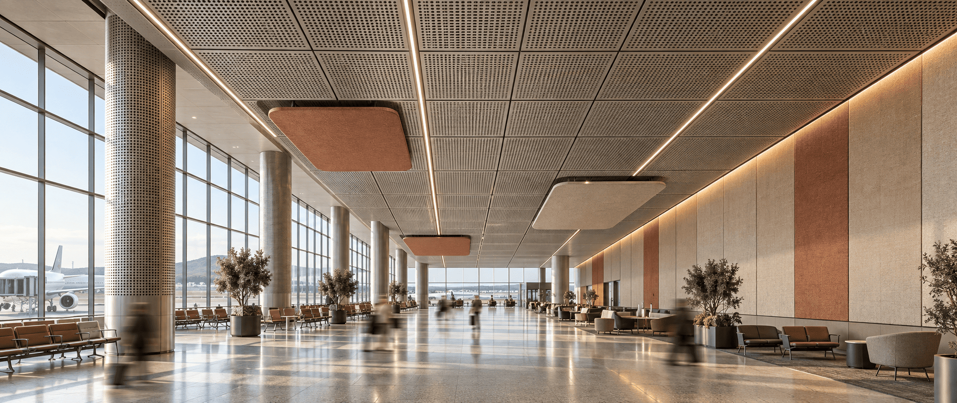 Perforated metal acoustic ceiling panels in a suspended grid above an airport concourse