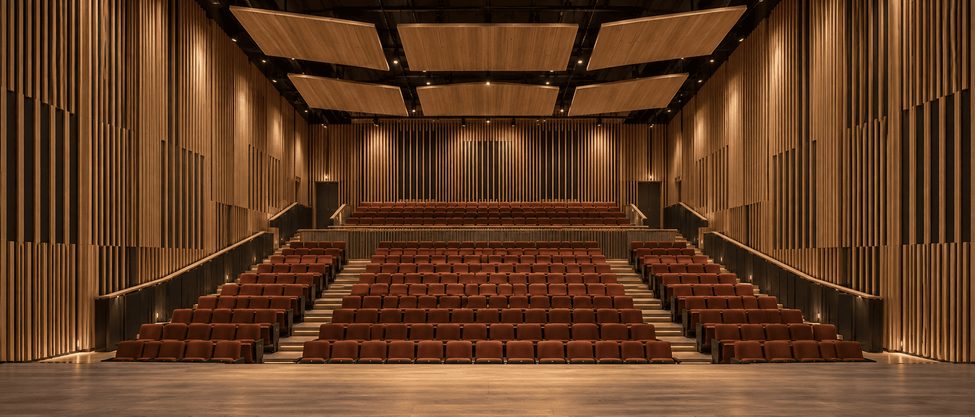 Grooved wooden slat acoustic panels lining the side wall of a modern auditorium