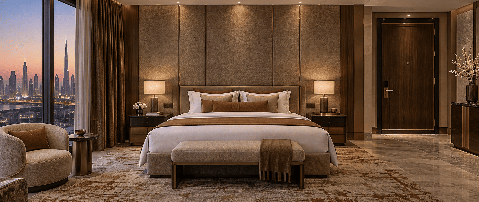 Luxury hotel guest room in Dubai with fabric wrapped headwall panels and heavy acoustic curtains