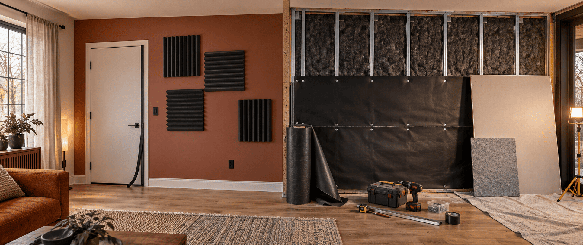 Acoustic foam tiles and a mass loaded vinyl roll laid out against a partly opened stud wall
