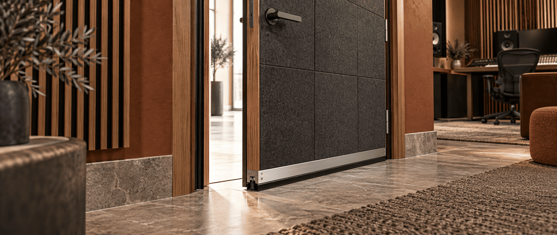 Timber office door fitted with an EPDM perimeter seal and a felt faced acoustic door tile