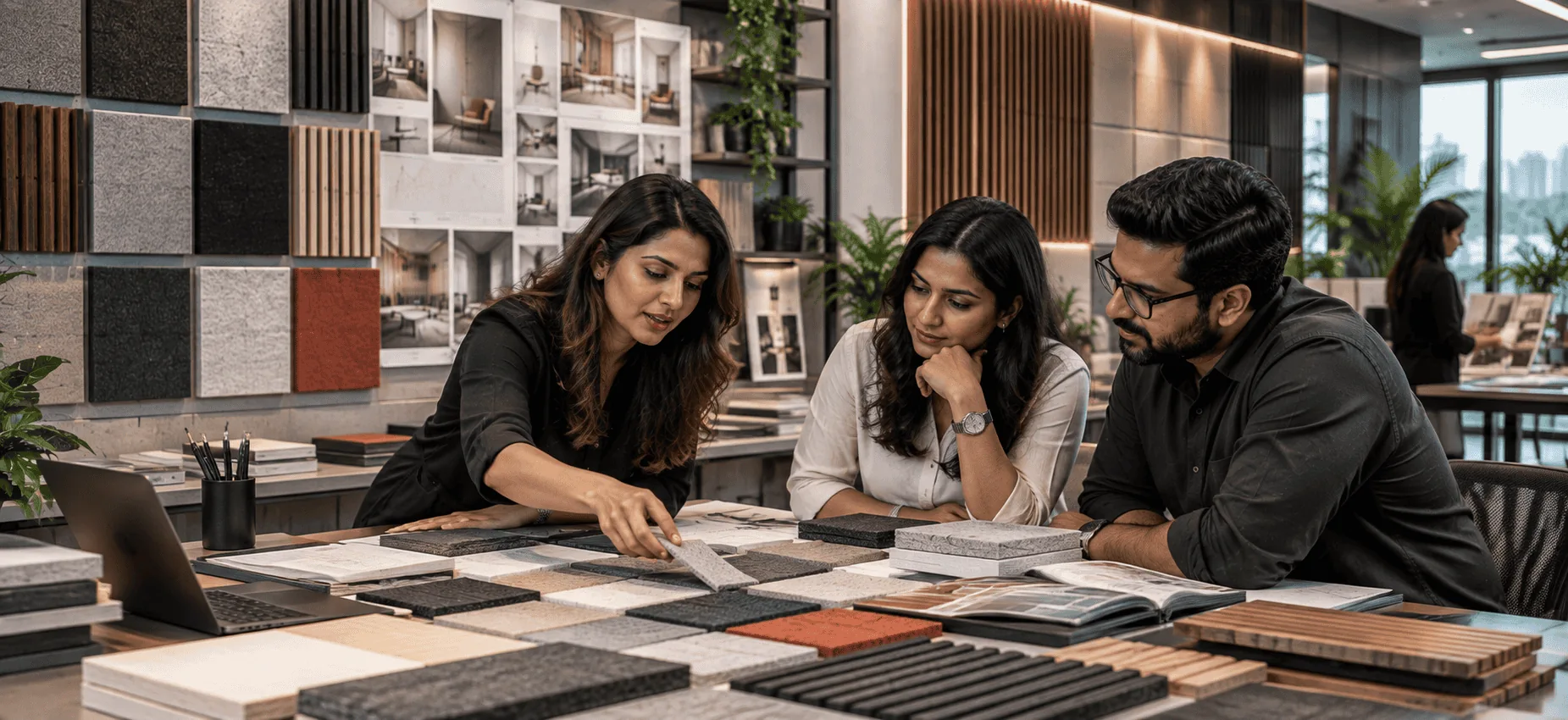 Interior designers selecting acoustic panel finishes