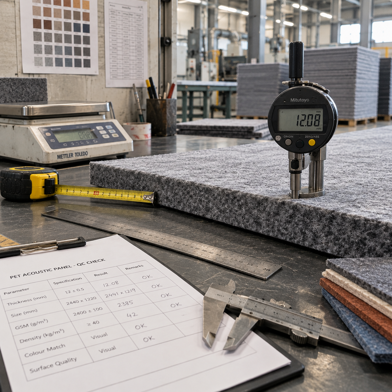 Quality check on an acoustic felt panel with a thickness gauge, calipers, scale and inspection sheet