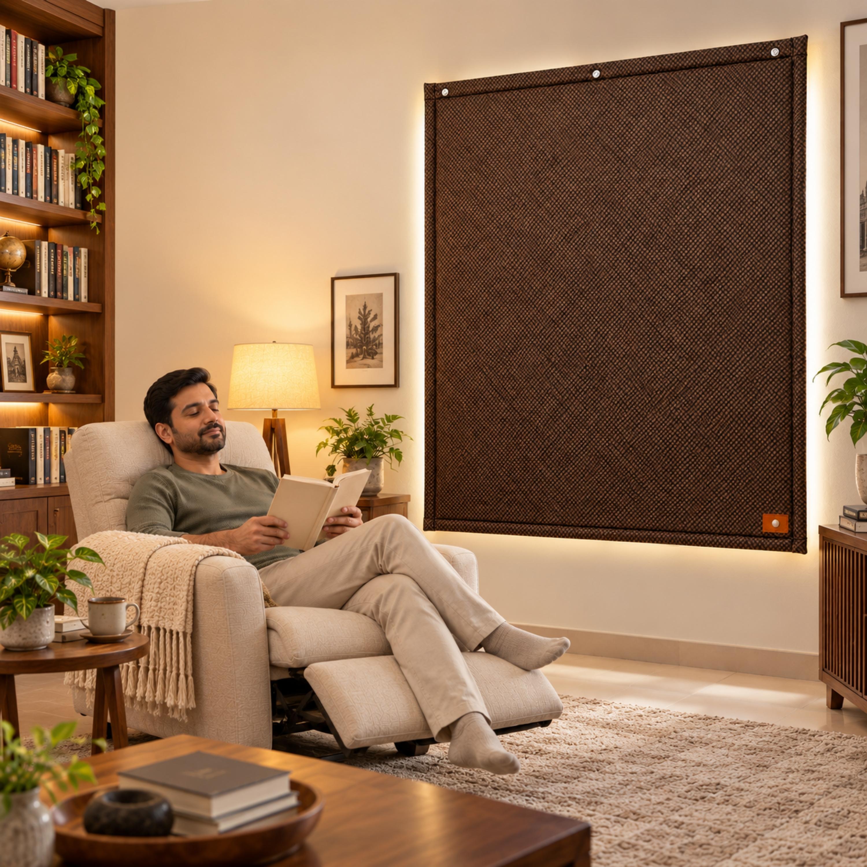 Vindo soundproof curtain hung over a living room window