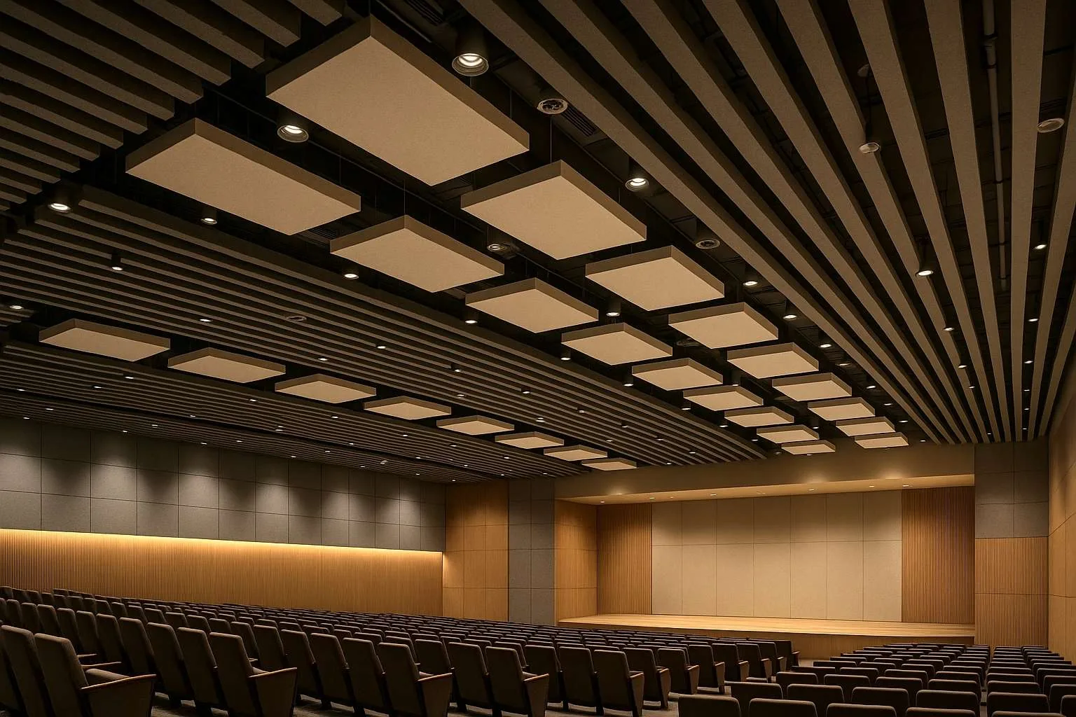 Auditorium ceiling with acoustic baffles and clouds