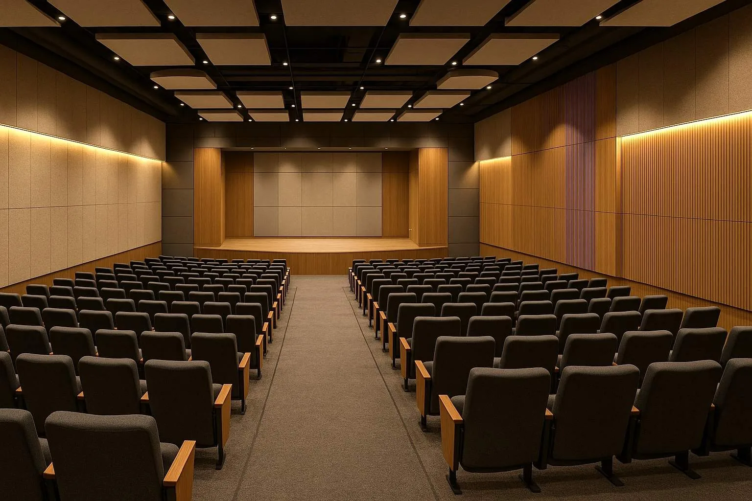 Auditorium floor with acoustic carpeting