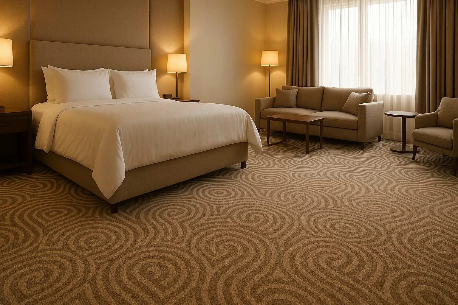 Broadloom acoustic carpet in hotel room