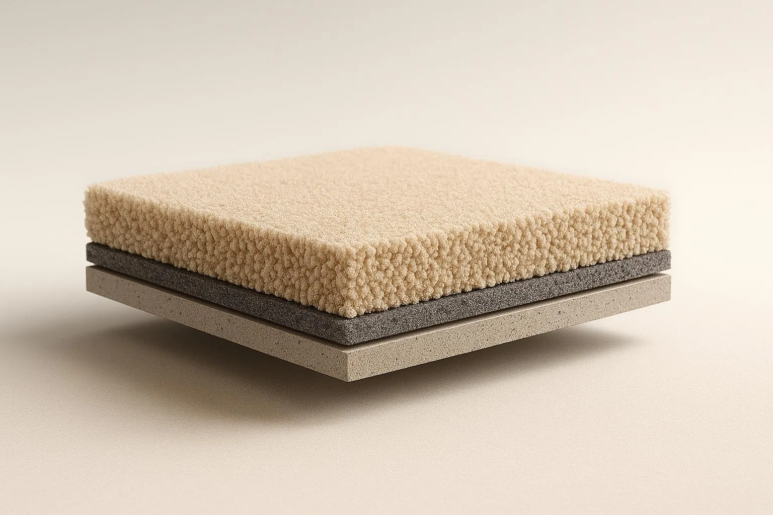 Cut section of acoustic carpet showing dense pile and backing