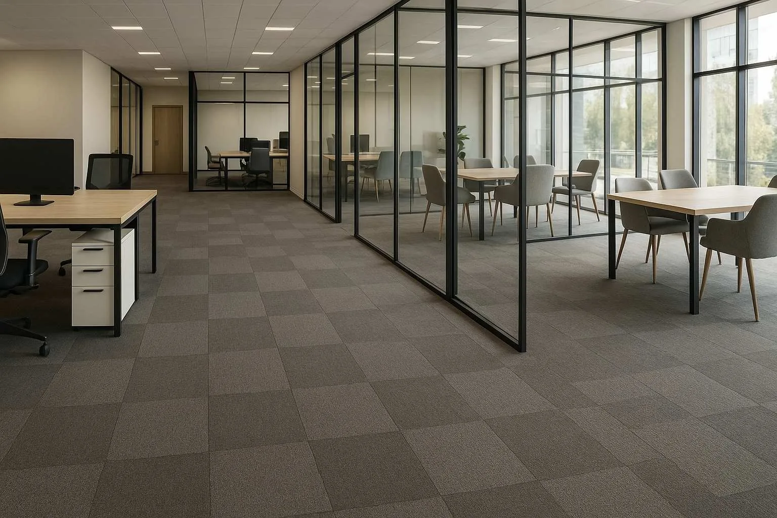 Acoustic carpet tiles in an office