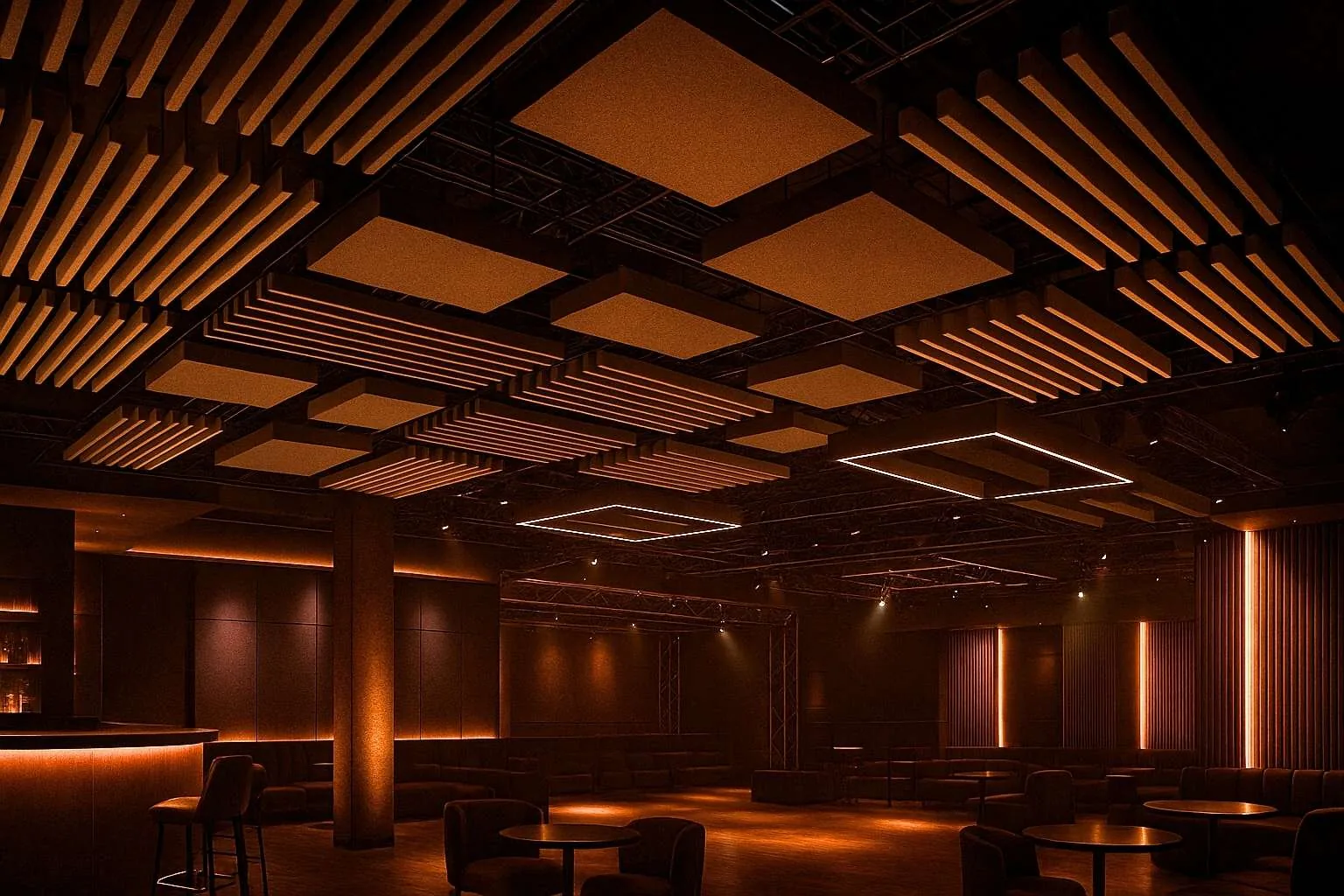 Ceiling baffles and clouds in hospitality space