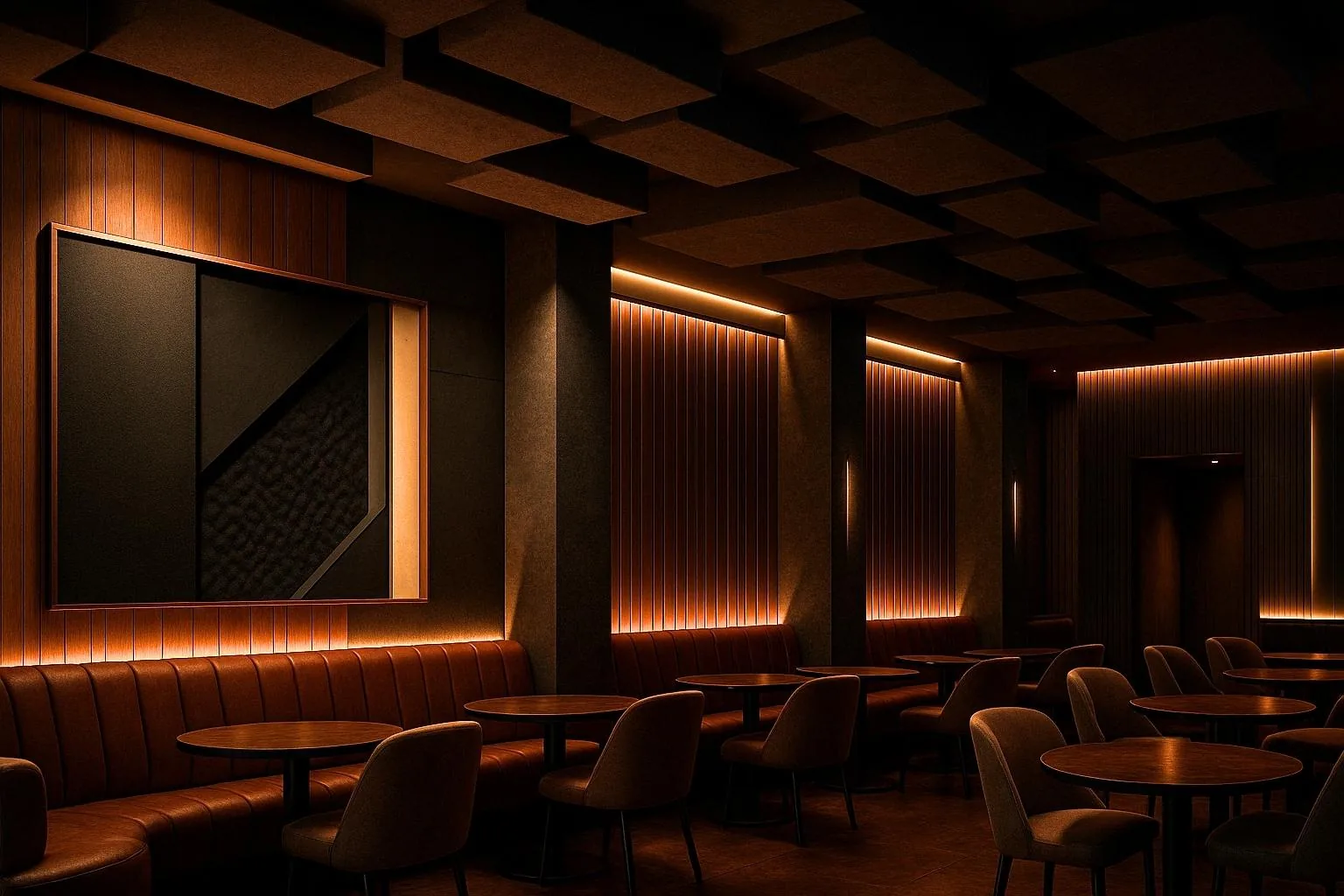 Walls with wood wool, felt and wooden slats