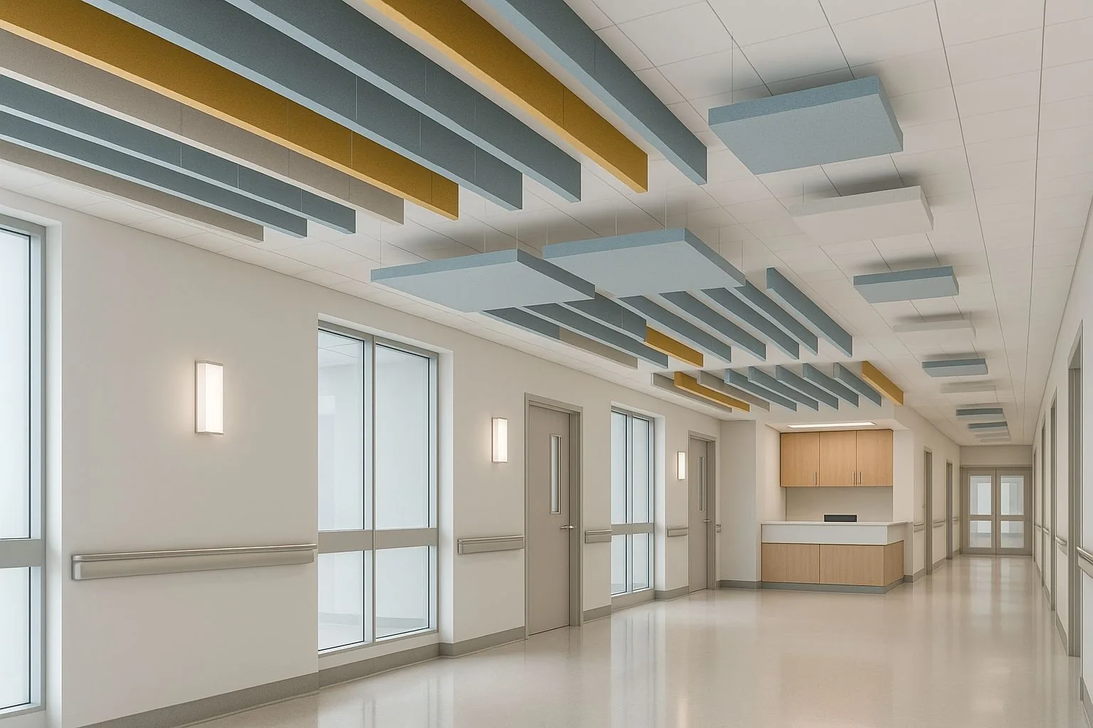 Hospital corridor with acoustic ceiling baffles and clouds