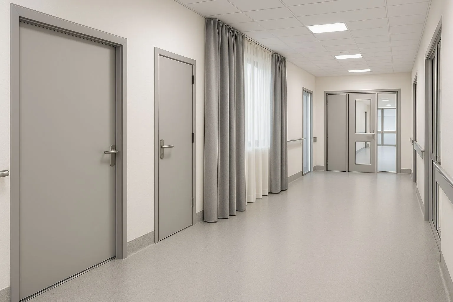 Hospital corridor doors with acoustic seals and curtains