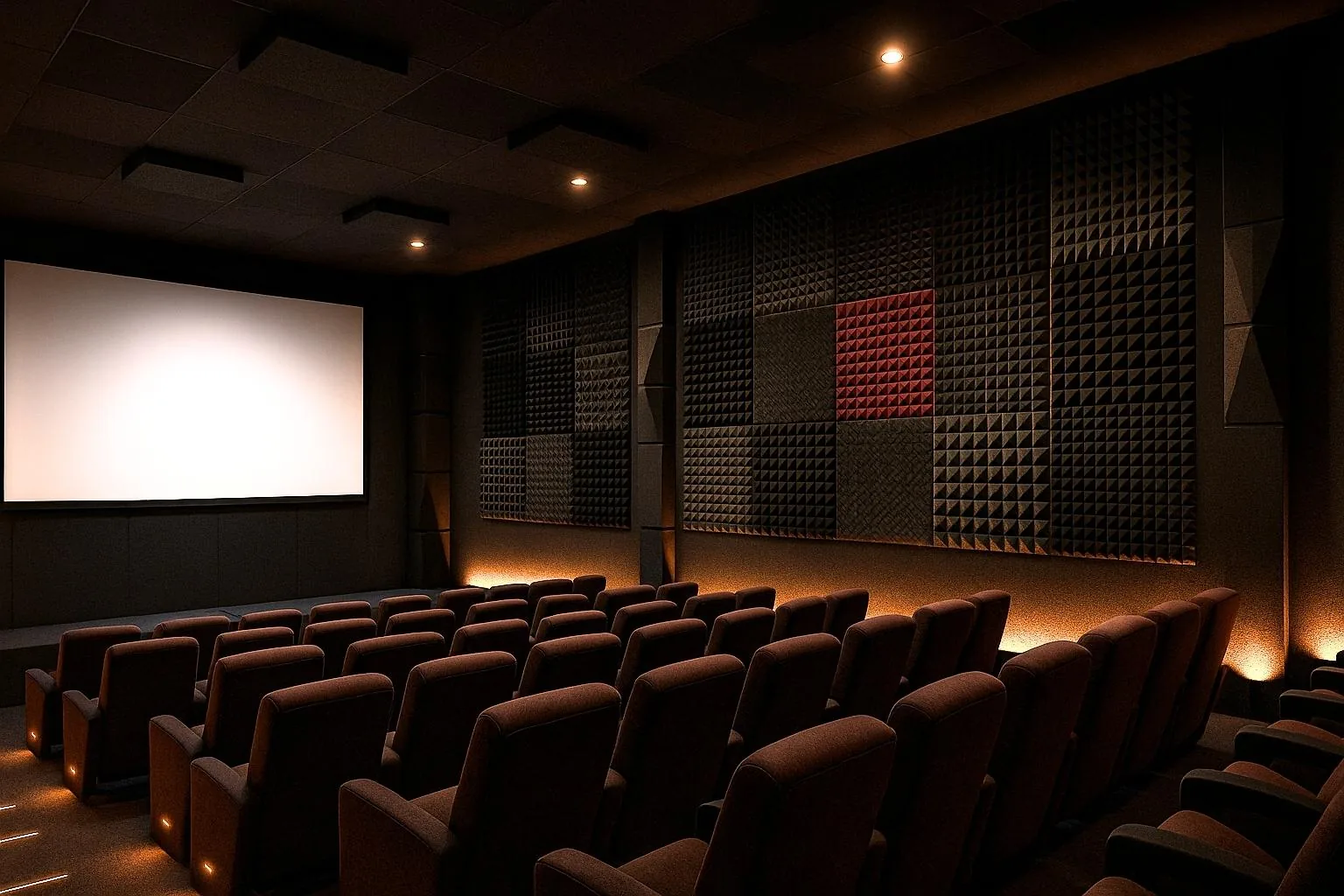 Acoustic foams and bass traps in cinema hall