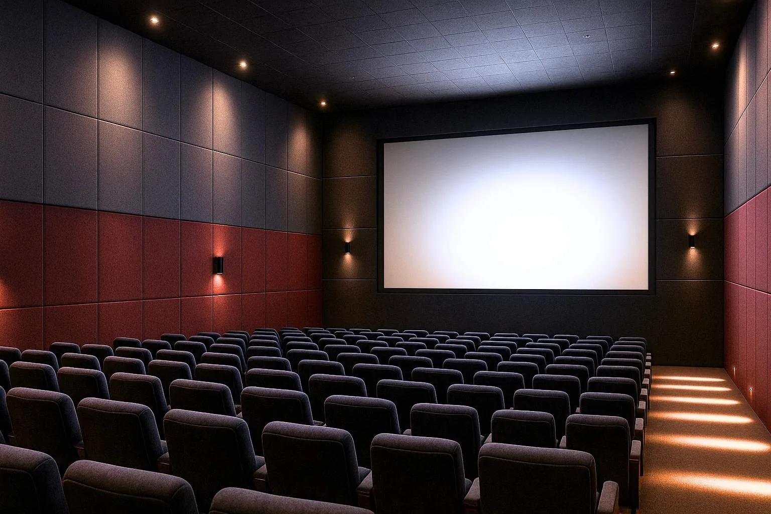 Cinema hall with acoustic fabric wall system