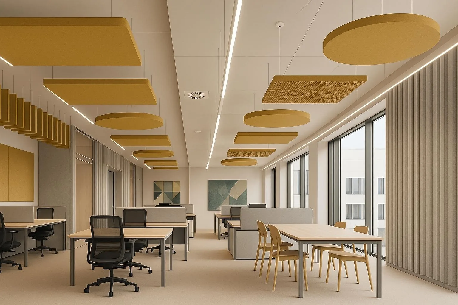 Office ceiling with acoustic clouds and baffles