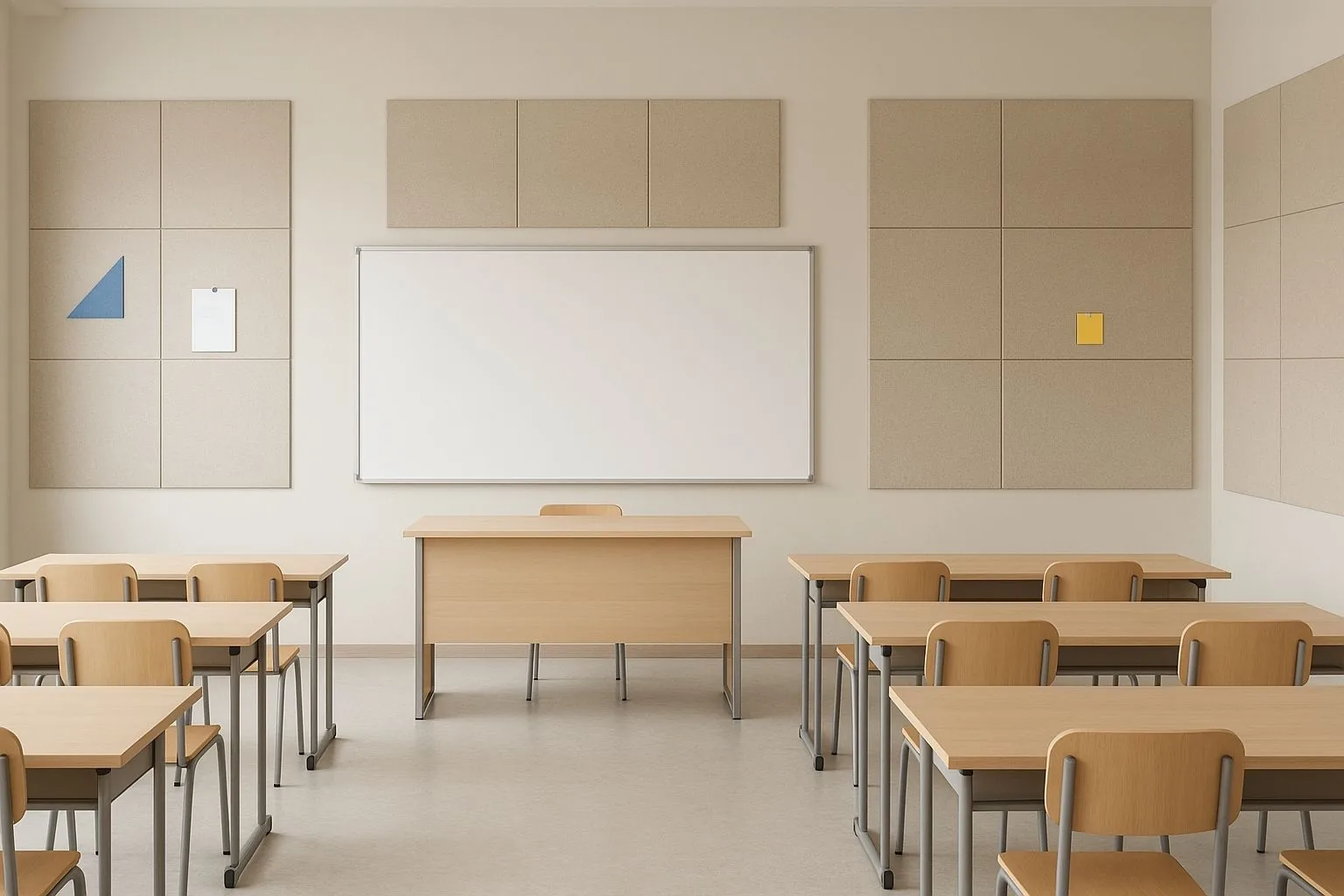 Classroom walls treated with felt acoustic panels