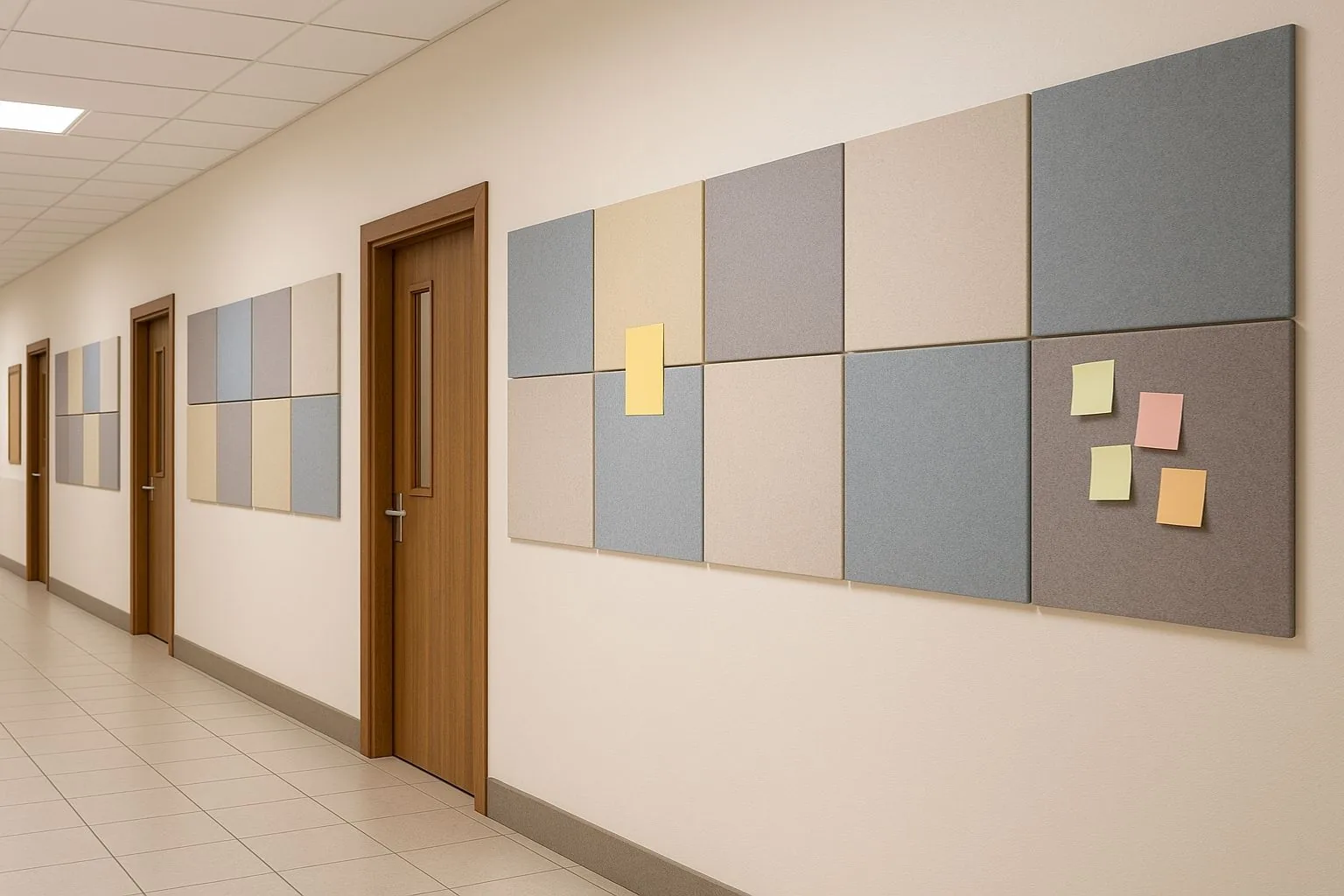 School corridor treated with felt acoustic panels
