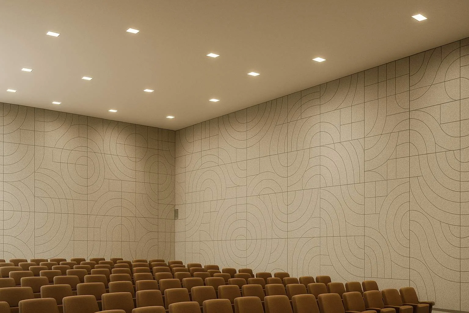 Patterned wood wool acoustic ceiling and wall panels