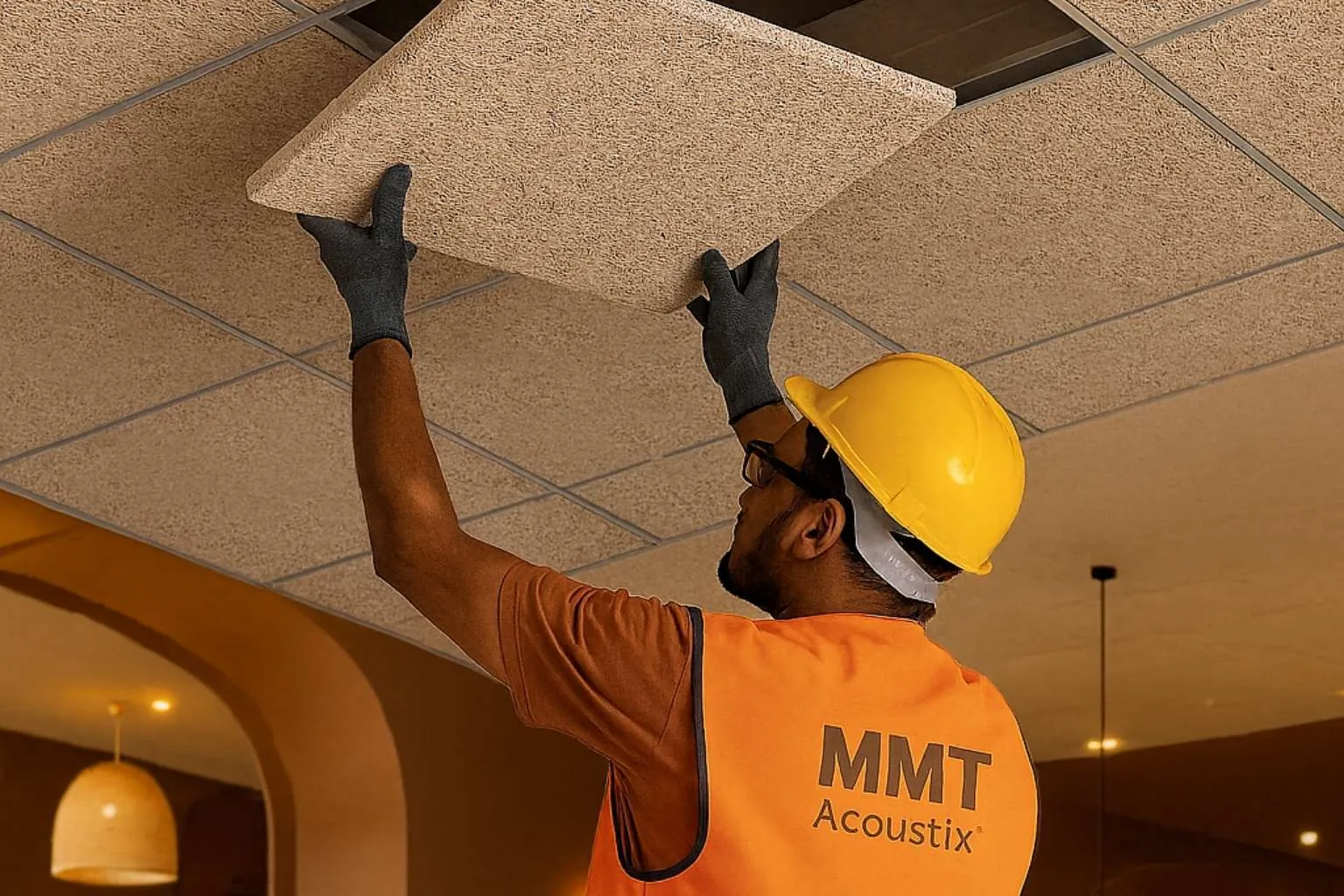 Wood wool acoustic wall and ceiling treatment