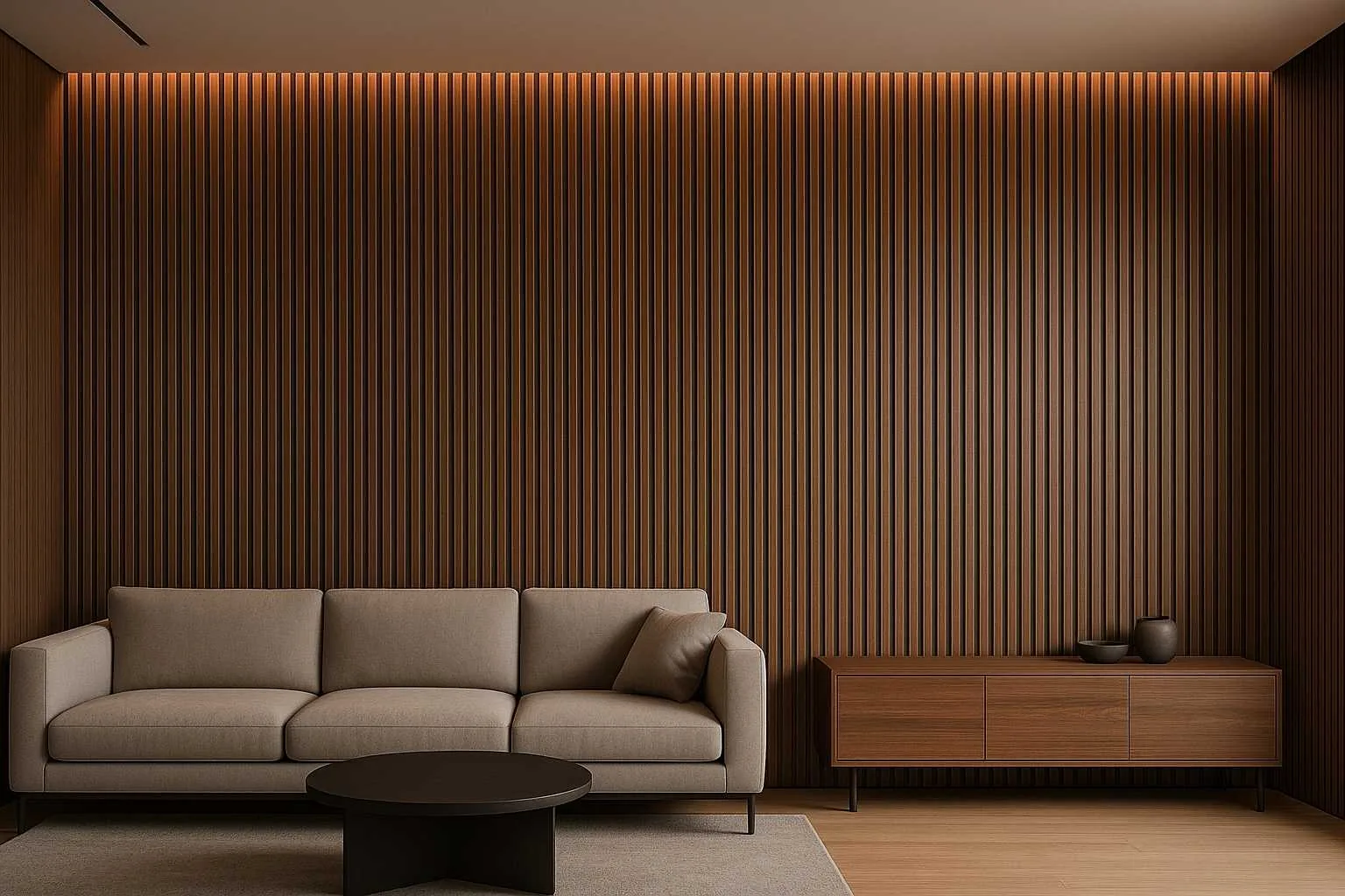 Linear wooden slat panels